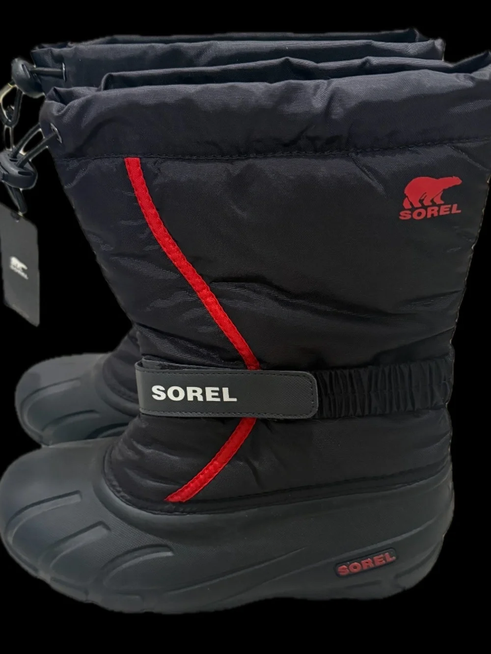 NEW SOREL Youth Flurry Snow Boots 7Y Black Bright Red -32C / -25F Waterproof
